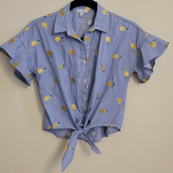 Love, Fire Tie-Waist Striped Button-Up Short Sleeved Blouse With Lemons Size XS - Picture 3 of 8